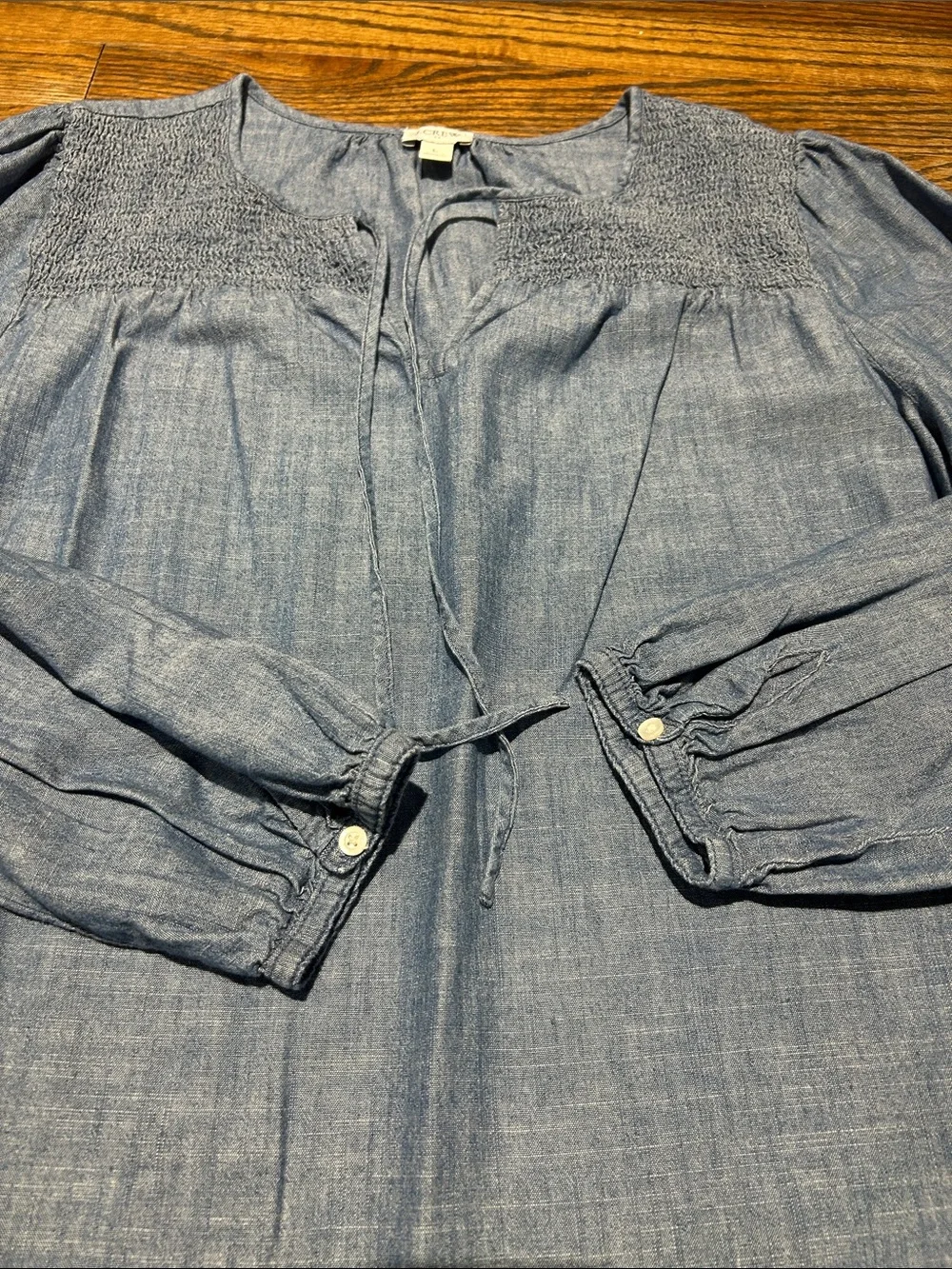 J. Crew Chambray Blue Smocked Yoke Long-Sleeve Top